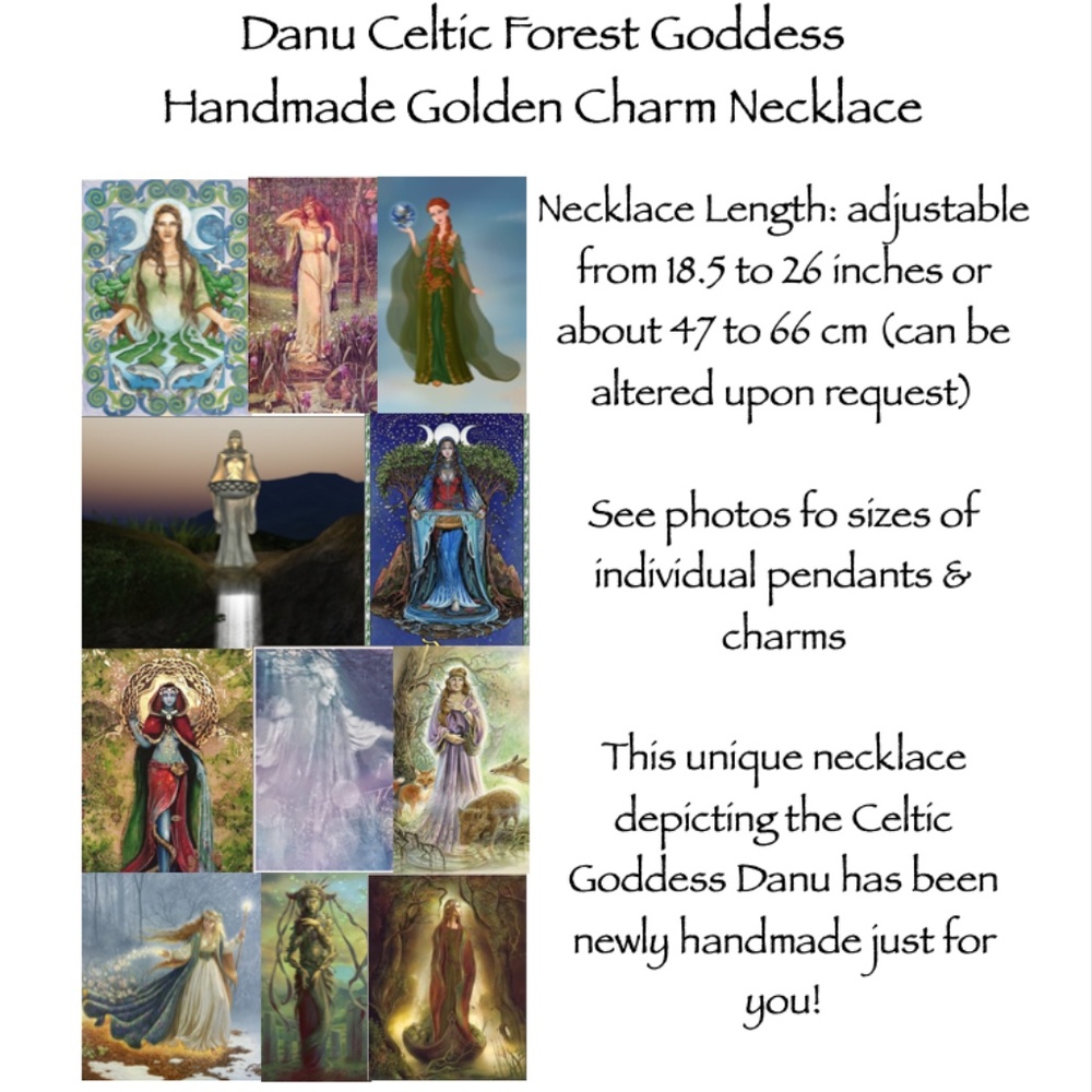 Danu Celtic Forest Goddess Handmade Necklace, Gold Tree, Green Druzy Moon, Crown - Picture 14 of 15